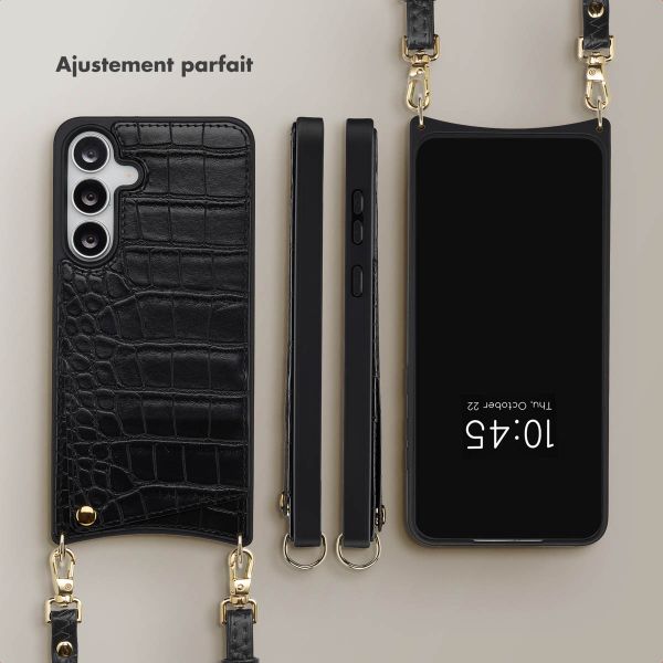 Selencia Coque de télephone Nova Croco avec cordon et porte-cartes Samsung Galaxy S25 FE - Noir