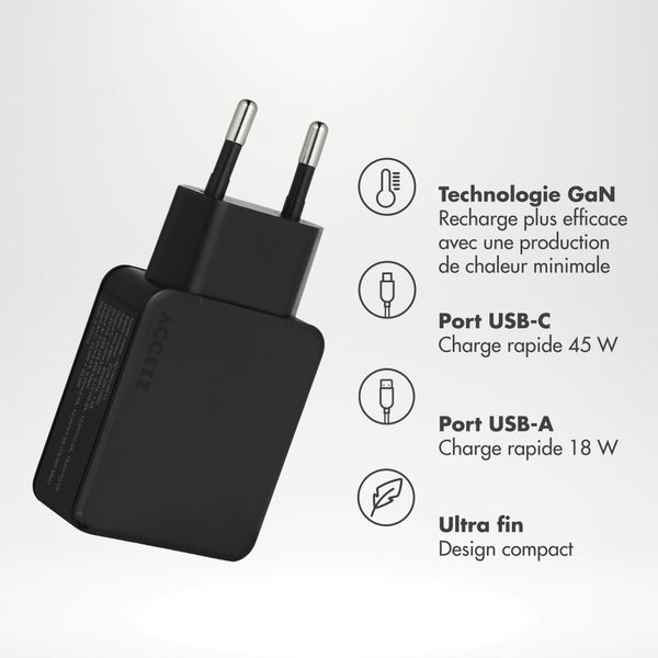 Accezz Chargeur GaN Ultra Slim - USB-C + USB-A - 45 W - Noir