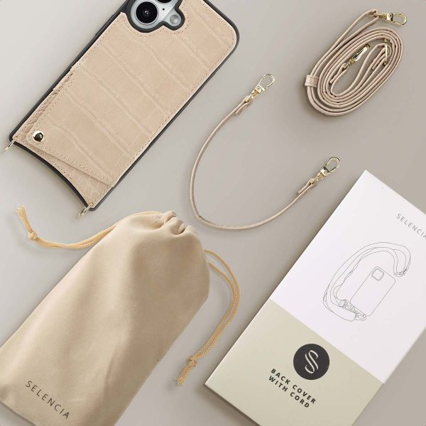 Selencia Coque de télephone Nova Croco avec cordon et porte-cartes Apple iPhone 16 - Beige