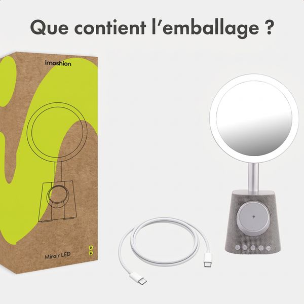 imoshion Miroir de maquillage avec haut-parleur Bluetooth et chargeur sans fil - Argenté