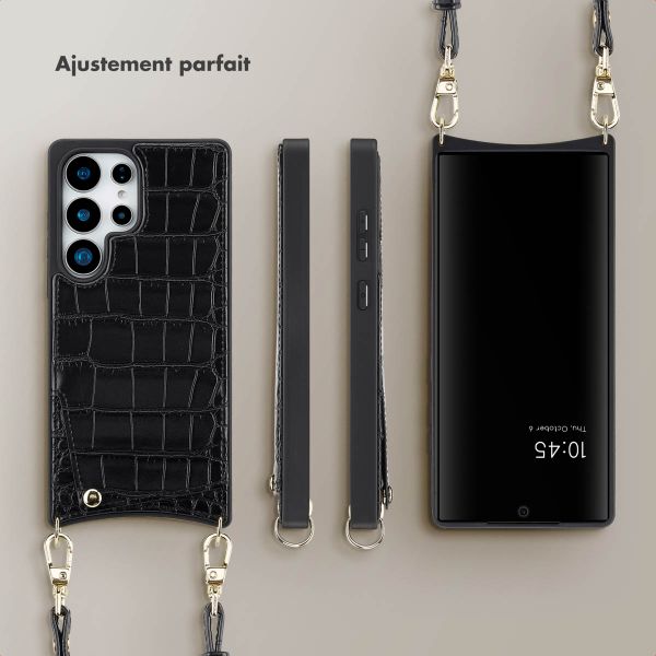 Selencia Coque de télephone Nova Croco avec cordon et porte-cartes Samsung Galaxy S25 Ultra - Noir