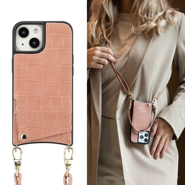 Selencia Coque de télephone Nova Croco avec cordon et porte-cartes Apple iPhone 15 - Old Pink