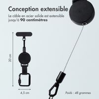imoshion Cordon rétractable avec mousqueton et patch pour téléphone - Cordon de téléphone anti-vol - Noir