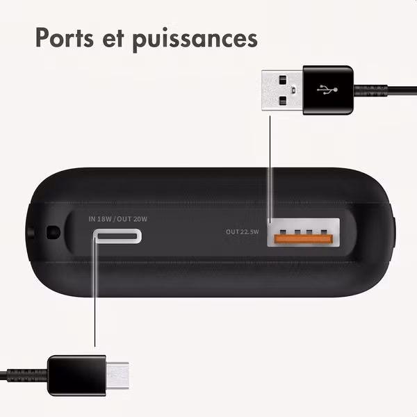 imoshion Batterie externe compacte 10.000 mAh - Petite batterie externe - Chargeur rapide 22,5 W - USB-C / USB-A - Noir