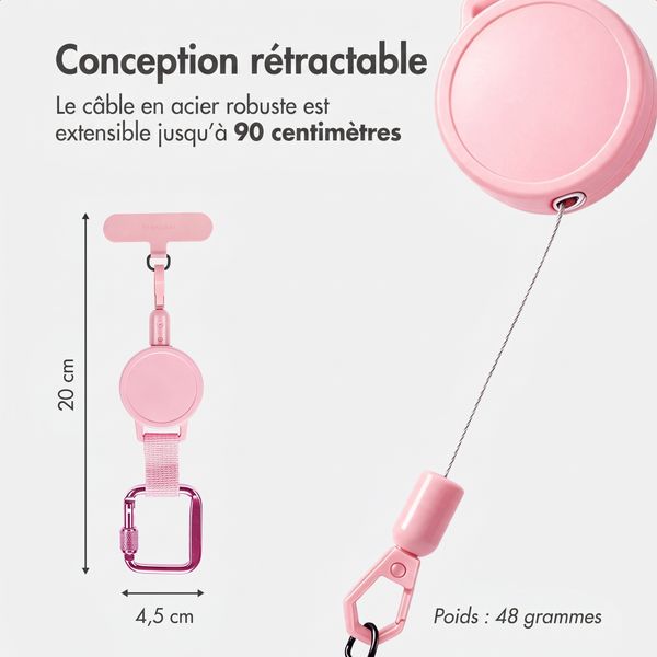 imoshion Cordon rétractable avec mousqueton et patch pour téléphone - Cordon de téléphone anti-vol - Rose