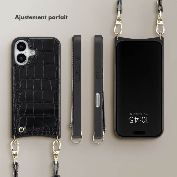 Selencia Coque de télephone Nova Croco avec cordon et porte-cartes Apple iPhone 16 - Noir