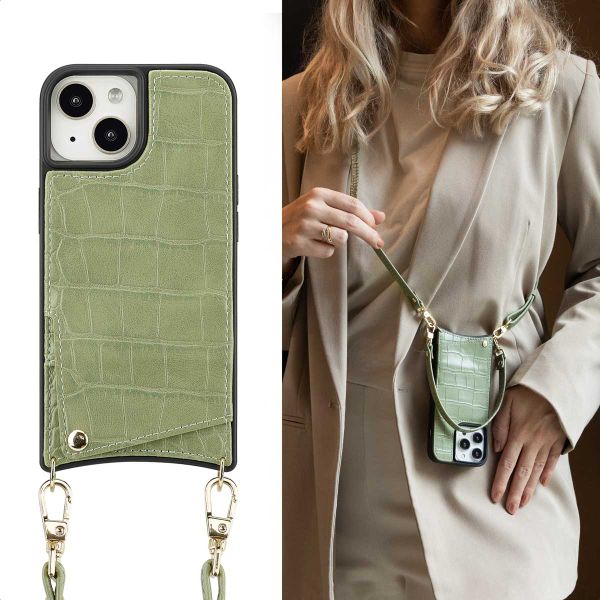 Selencia Coque de télephone Nova Croco avec cordon et porte-cartes Apple iPhone 15 - Sage Green