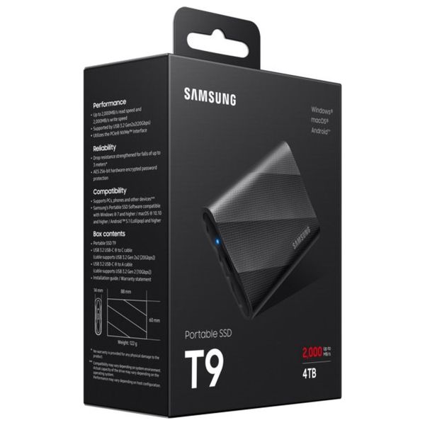 Samsung Portable SSD T9 - 4TB - USB 3.2 Gen 2x2 - Noir