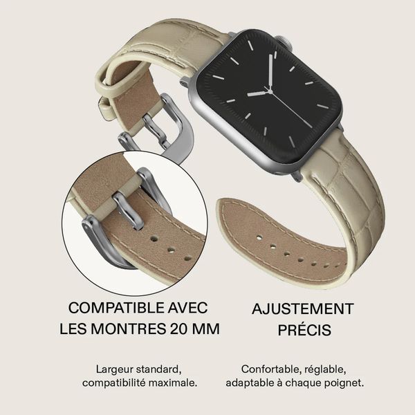 Burga Bracelet en cuir véritable  - Apple Watch | 44/45/46/49 mm / Connexion universelle 20 mm - Buttermelt / Silver
