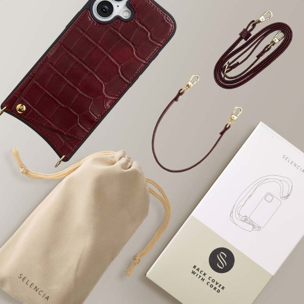 Selencia Coque de télephone Nova Croco avec cordon et porte-cartes Apple iPhone 16 - Burgundy