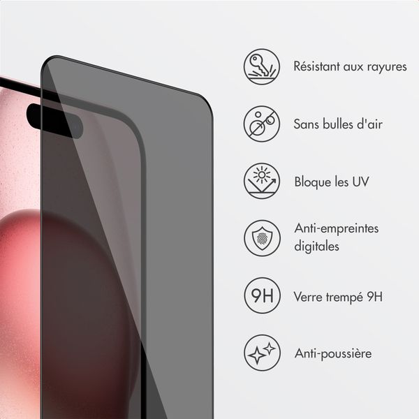 Accezz Protection d'écran en verre trempé avec filtre de confidentialité + Applicateur Apple iPhone 16 / 15