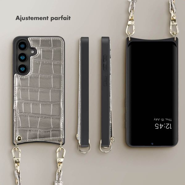 Selencia Coque de télephone Nova Croco avec cordon et porte-cartes Samsung Galaxy S24 - Argent