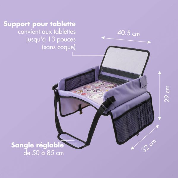 imoshion Table de voyage - Support de tablette voiture - 7 compartiments de rangement - Inclus 2 coloriages - Violet