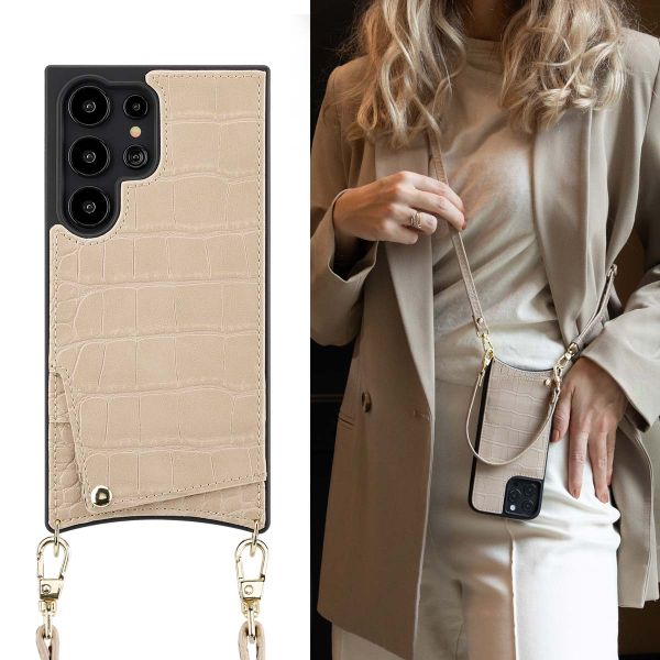Selencia Coque de télephone Nova Croco avec cordon et porte-cartes Samsung Galaxy S24 Ultra - Beige