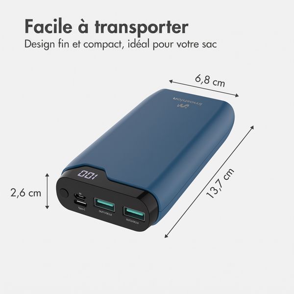 imoshion Batterie externe 20 000 mAh - Chargeur rapide 22,5 W - USB-C / USB-A - Bleu