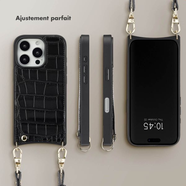 Selencia Coque de télephone Nova Croco avec cordon et porte-cartes Apple iPhone 16 Pro - Noir