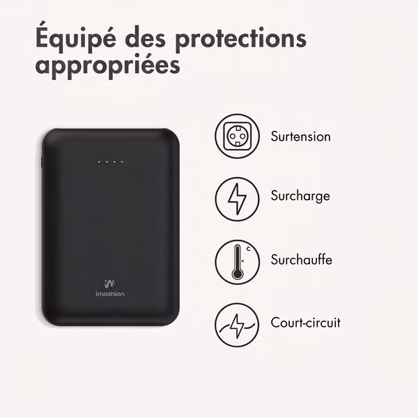 imoshion Batterie externe compacte 10.000 mAh - Petite batterie externe - Chargeur rapide 22,5 W - USB-C / USB-A - Noir
