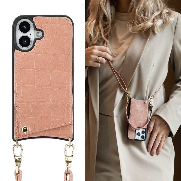 Selencia Coque de télephone Nova Croco avec cordon et porte-cartes Apple iPhone 16 - Old Pink