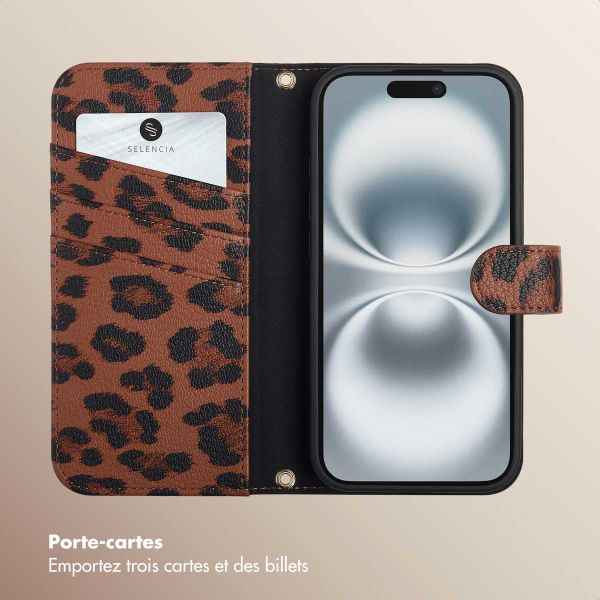 Selencia Étui de télephone portefeuille imprimé léopard Sabi Apple iPhone 16 - Mocha Brown