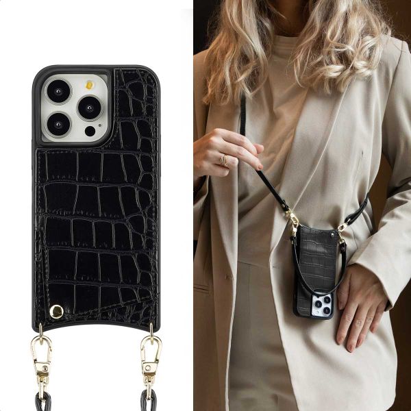 Selencia Coque de télephone Nova Croco avec cordon et porte-cartes Apple iPhone 14 Pro - Noir