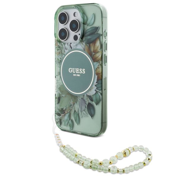 Guess MagSafe IML Flowers Case avec beads strap Apple iPhone 16 Pro Max - Green