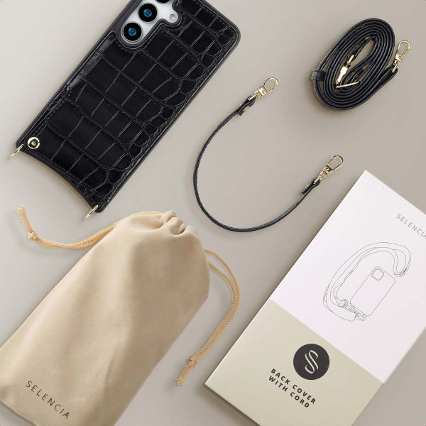 Selencia Coque de télephone Nova Croco avec cordon et porte-cartes Samsung Galaxy S25 - Noir