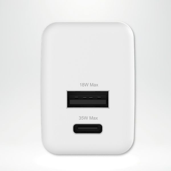 imoshion Chargeur - USB-C et USB-A - Power Delivery et Quick Charge - 35 W + câble USB-C vers USB-C - 1 mètre - Blanc