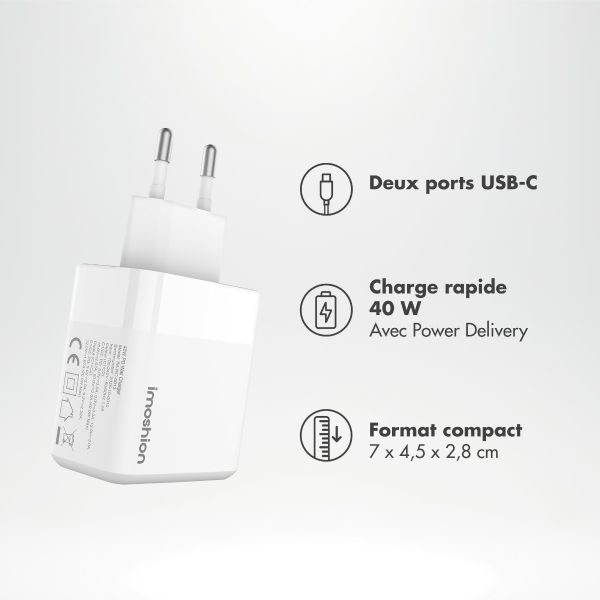imoshion Adapteur secteur - Chargeur - 2 ports USB-C 40 W + câble tressé USB-C vers USB-C 60 W - 1 mètre - Blanc