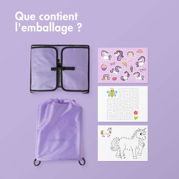 imoshion Table de voyage - Support de tablette voiture - 7 compartiments de rangement - Inclus 2 coloriages - Violet