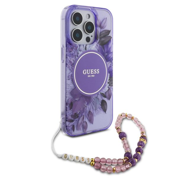 Guess MagSafe IML Flowers Case avec beads strap Apple iPhone 15 Pro - Purple