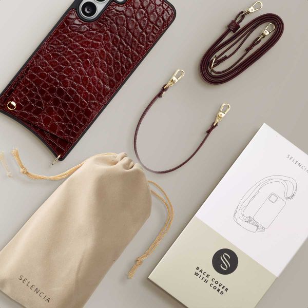 Selencia Coque de télephone Nova Croco avec cordon et porte-cartes Samsung Galaxy S25 FE - Burgundy