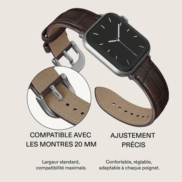 Burga Bracelet en cuir véritable  - Apple Watch | 44/45/46/49 mm / Connexion universelle 20 mm - Espresso / Silver