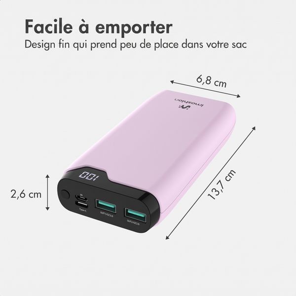 imoshion Batterie externe 20 000 mAh - Chargeur rapide 22,5 W - USB-C / USB-A - Rose
