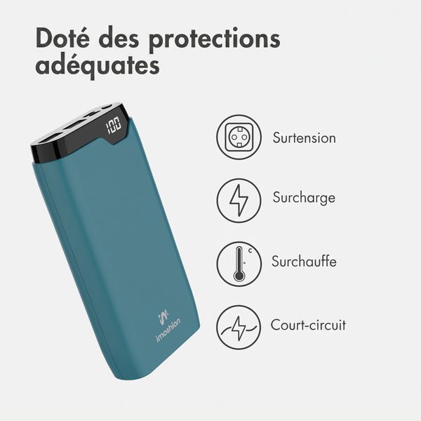 imoshion Batterie externe 20 000 mAh - Chargeur rapide 22,5 W - USB-C / USB-A - Vert pétrole