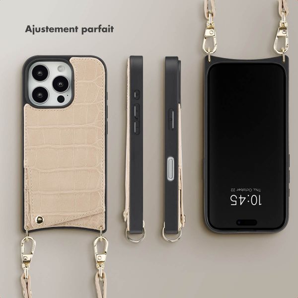 Selencia Coque de télephone Nova Croco avec cordon et porte-cartes Apple iPhone 16 Pro - Beige