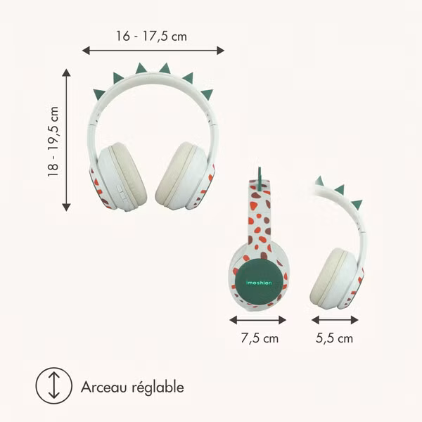 imoshion Casque sans fil pour enfants Dino LED Light - Limiteur de décibels - Avec câble AUX - Brown / Orange