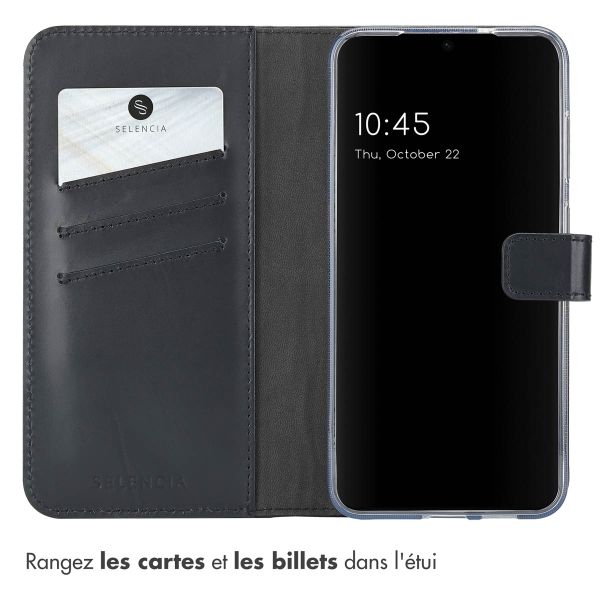 Selencia Étui portefeuille en cuir véritable Samsung Galaxy S25 Plus - Noir