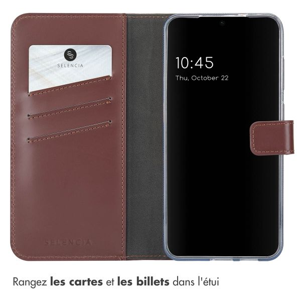 Selencia Étui portefeuille en cuir véritable Samsung Galaxy S25 Plus - Marron foncé
