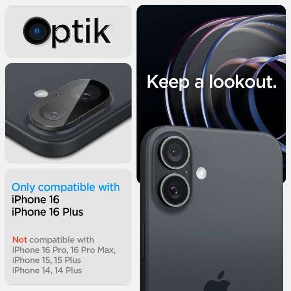 Spigen Optik Lens Protector - Protection complète de la caméra (lot de 2) Apple iPhone 16 / 16 Plus - Black