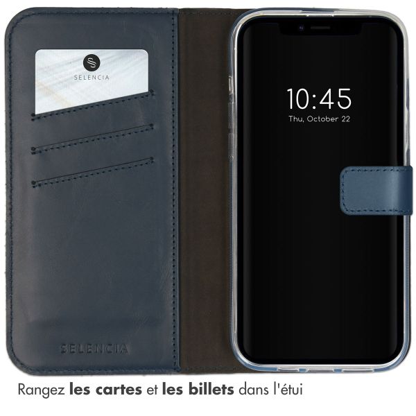 Selencia Étui portefeuille en cuir véritable Apple iPhone 14 - Bleu