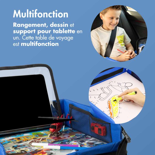 imoshion Table de voyage - Support de tablette voiture - 7 compartiments de rangement - Inclus 2 coloriages - Bleu