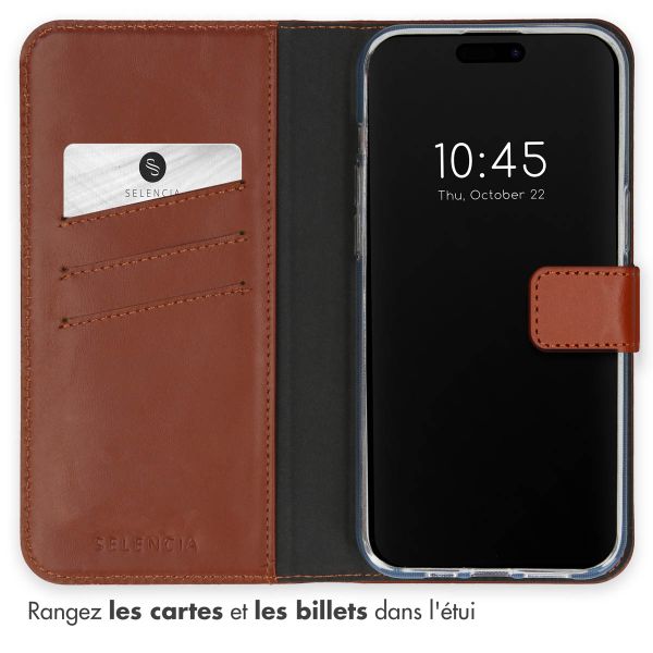 Selencia Étui portefeuille en cuir véritable Apple iPhone 15 Pro - Marron clair