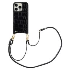 Selencia Coque de télephone Nova Croco avec cordon et porte-cartes Apple iPhone 14 Pro - Noir
