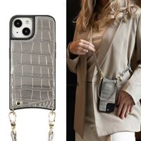 Selencia Coque de télephone Nova Croco avec cordon et porte-cartes Apple iPhone 15 - Argent