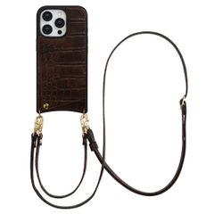 Selencia Coque de télephone Nova Croco avec cordon et porte-cartes Apple iPhone 16 Pro - Choco Brown