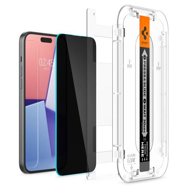 Spigen Protection d'écran en verre trempé GLAStR Privacy Applicator - lot de 2 Apple iPhone 16 / 15