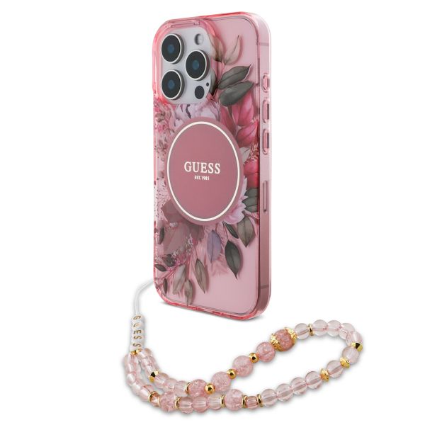 Guess MagSafe IML Flowers Case avec beads strap Apple iPhone 15 Pro - Pink