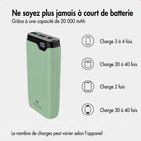 imoshion Batterie externe 20 000 mAh - Chargeur rapide 22,5 W - USB-C / USB-A - Vert