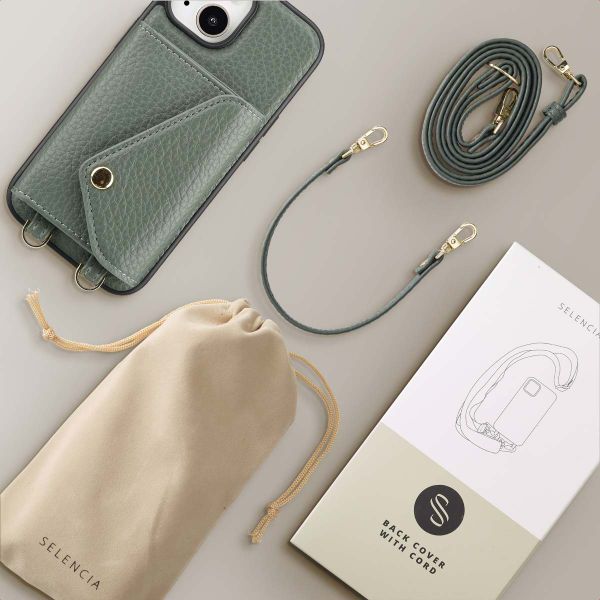 Selencia Coque de télephone Sera avec cordon et porte-cartes enveloppe Apple iPhone 15 - Sage Green