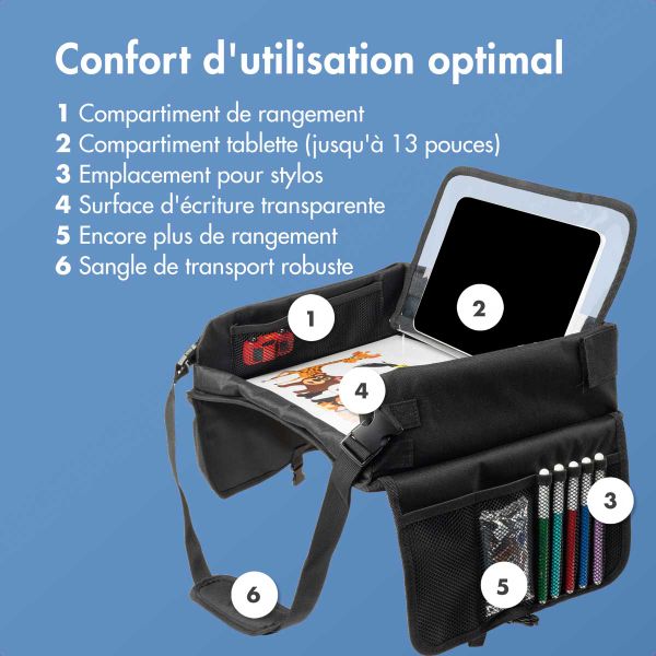 imoshion Table de voyage - Support de tablette voiture - 7 compartiments de rangement - Inclus 2 coloriages - Noir